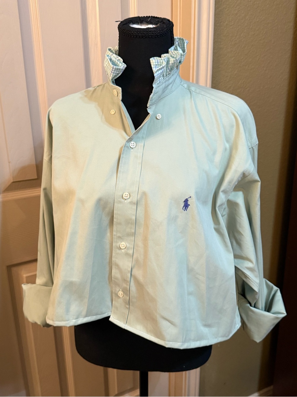 Upcycled Ralph Lauren Mint Green Button-Up Shirt with Blue Pony Logo